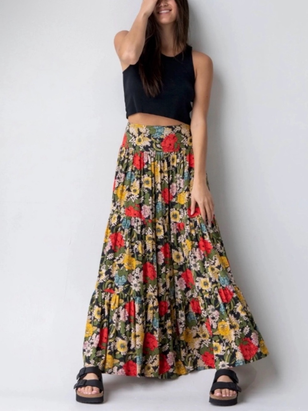 Natural Life Black Multicolor Floral Tiered Smocked Waist Maxi Skirt Size Small
